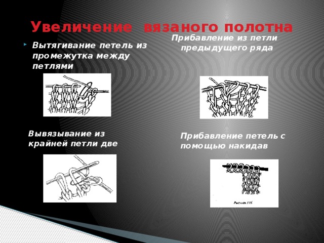 Увеличение вязаного полотна    Вытягивание петель из промежутка между петлями  Прибавление из петли предыдущего ряда    Вывязывание из крайней петли две Прибавление петель с помощью накидав 