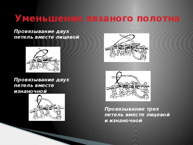  Уменьшение вязаного полотна Провязывание двух петель вместе лицевой Провязывание двух петель вместе изнаночной   Провязывание трех петель вместе лицевой и изнаночной 