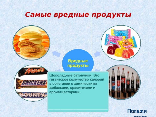  Самые вредные продукты   Чипсы, как кукурузные, так и картофельные - очень вредны для организма. Чипсы – это ничто иное, как смесь углеводов и жира, в оболочке красителей и заменителей вкуса. Так же ничего хорошего не принесет поедание картофеля – фри. Жевательные конфеты, пастила в яркой упаковке, «мэйбоны», «чупа-чупсы» - всё это, без сомнения, вредные продукты. Мало того, что все они содержат огромное количество сахара, так ещё и химические добавки, красители, заменители. Сладкие газированные напитки – смесь сахара, химии и газов – чтобы быстрее распределить по организму вредные вещества. Шоколадные батончики. Это гигантское количество калорий в сочетании с химическими добавками, красителями и ароматизаторами. Покажи текст 