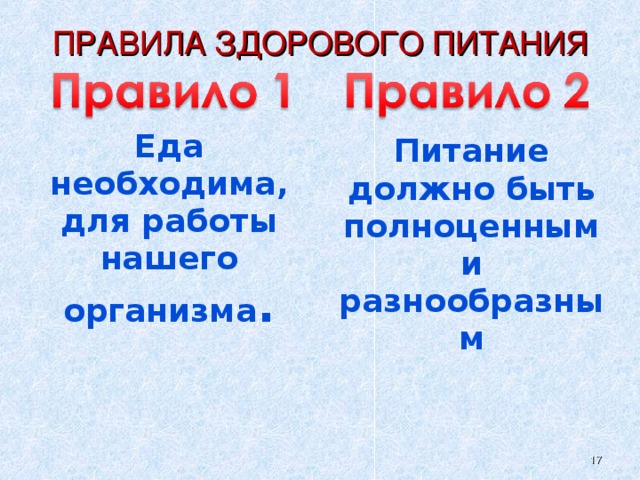 ПРАВИЛА ЗДОРОВОГО ПИТАНИЯ Еда необходима, для работы нашего организма .  Питание должно быть полноценным и разнообразным   