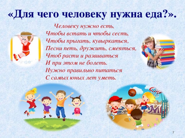 «Для чего человеку нужна еда?».  Человеку нужно есть, Чтобы встать и чтобы сесть, Чтобы прыгать, кувыркаться, Песни петь, дружить, смеяться, Чтоб расти и развиваться И при этом не болеть. Нужно правильно питаться С самых юных лет уметь.  