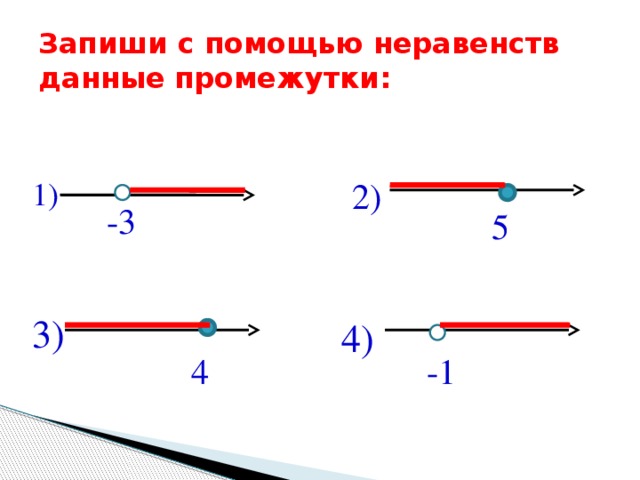 Запиши с помощью неравенств данные промежутки: 1) 2) -3 5 3) 4) 4 -1 