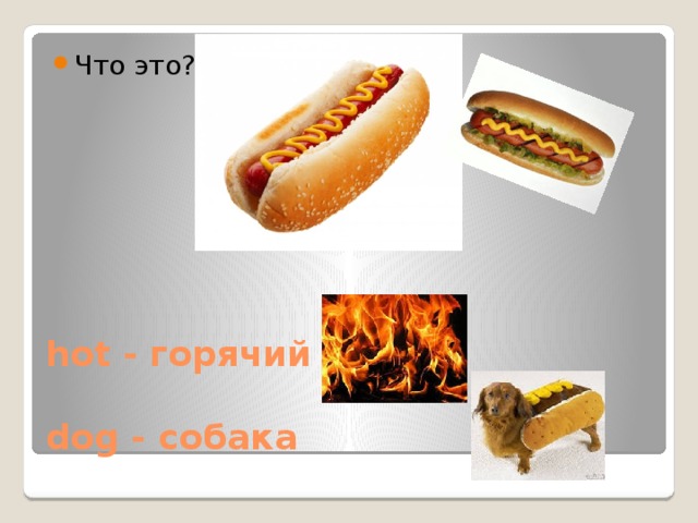 Что это? hot - горячий    dog - собака 