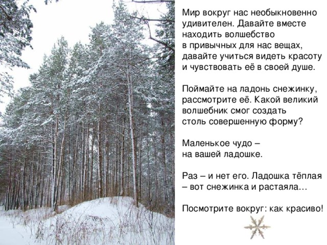 Мир вокруг нас необыкновенно удивителен. Давайте вместе находить волшебство  в привычных для нас вещах, давайте учиться видеть красоту и чувствовать её в своей душе.   Поймайте на ладонь снежинку, рассмотрите её. Какой великий волшебник смог создать  столь совершенную форму?   Маленькое чудо –  на вашей ладошке.   Раз – и нет его. Ладошка тёплая – вот снежинка и растаяла…   Посмотрите вокруг: как красиво! 