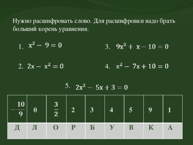  Нужно расшифровать слово. Для расшифровки надо брать  больший корень уравнения.   1. 3. 2. 4.  5.  Д   Л  0  О   Р   2  Б   3   У  4   В  5  К   9  А  1 