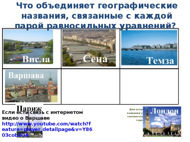 Что объединяет географические названия, связанные с каждой парой равносильных уравнений?   Для оставшегося  названия укажите соответствующий  город  Если есть связь с интернетом видео о Варшаве http://www.youtube.com/watch?feature=player_detailpage&v=Y8603cob2OA 