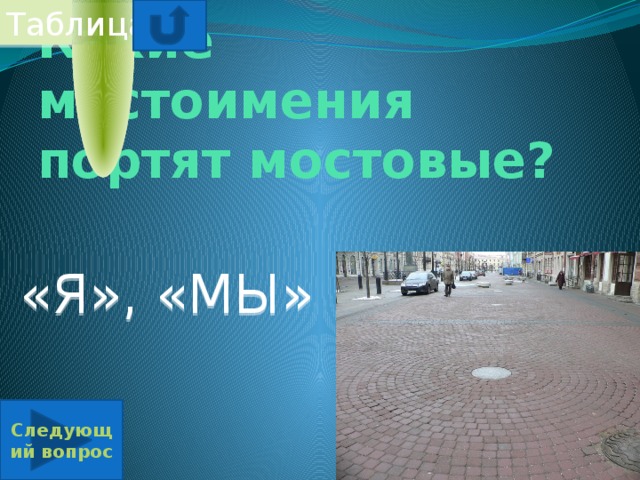 Таблица Какие местоимения портят мостовые? «Я», «МЫ» Следующий вопрос  