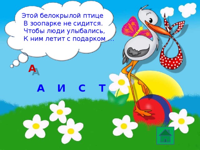 Этой белокрылой птице  В зоопарке не сидится.  Чтобы люди улыбались,  К ним летит с подарком … А А Т И С 