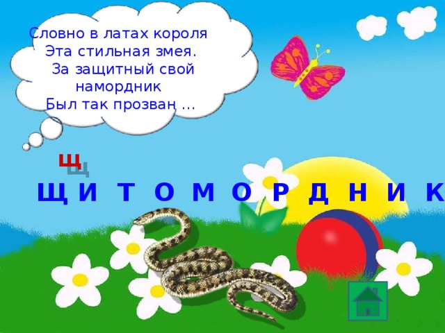 Словно в латах короля  Эта стильная змея.  За защитный свой намордник  Был так прозван … щ О И Т Щ М Р О Н К И Д 