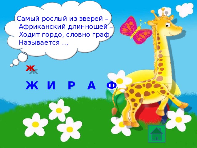Самый рослый из зверей –  Африканский длинношей –  Ходит гордо, словно граф,  Называется … ж Ж А И Р Ф 