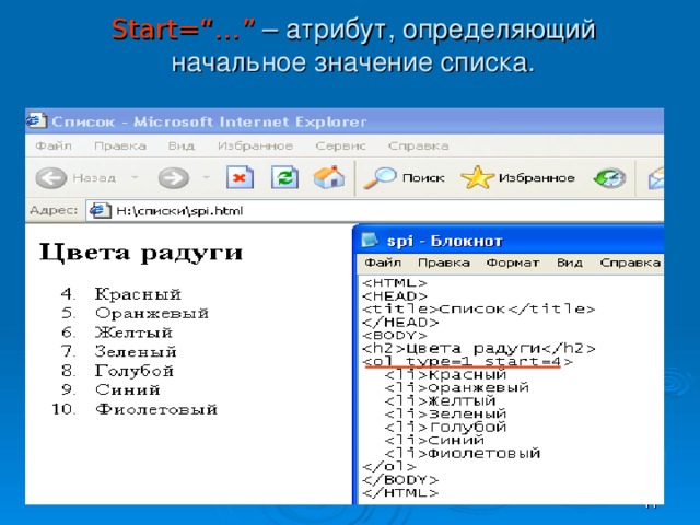Start=“…” – атрибут, определяющий начальное значение списка.  