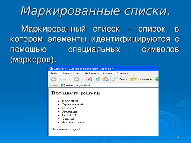 Маркированные списки. Маркированный список – список, в котором элементы идентифицируются с помощью специальных символов (маркеров).  