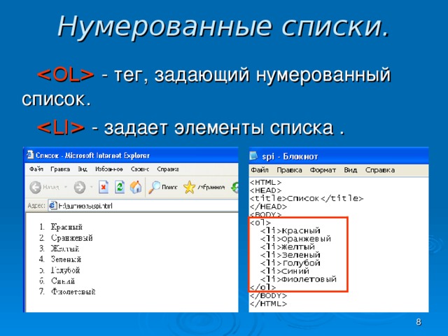 Нумерованные списки.  - тег, задающий нумерованный список.  - задает элементы списка .    