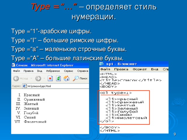 Type =“ … ”  – определяет стиль нумерации. Type =“1”- арабские цифры. Type =“I” – большие римские цифры. Type =“ а ”  – маленькие строчные буквы. Type =“ А ” – большие латинские буквы.  