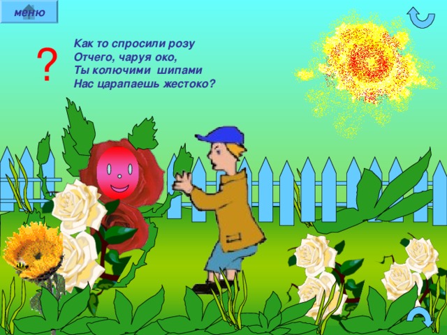 меню ? Как то  спросили розу Отчего, чаруя око, Ты колючими шипами Нас царапаешь жестоко? 