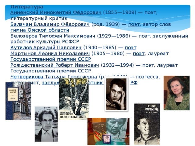 Литература Анненский Иннокентий Фёдорович  (1855—1909) — поэт, литературный критик Балачан Владимир Фёдорович  (род. 1939) — поэт , автор слов гимна Омской области Белозёров Тимофей Максимович  (1929—1986) — поэт, заслуженный работник культуры РСФСР Кутилов  Аркадий Павлович  (1940—1985) — поэт Мартынов Леонид Николаевич  (1905—1980) — поэт , лауреат Государственной премии СССР Рождественский Роберт Иванович  (1932—1994) — поэт, лауреат Государственной премии СССР Четверикова  Татьяна Георгиевна  (род. 1949) — поэтесса, журналист, заслуженный работник культуры РФ        