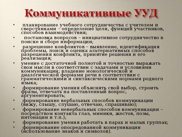  планирование учебного сотрудничества с учителем и сверстниками – определение цели, функций участников, способов взаимодействия;   постановка вопросов – инициативное сотрудничество в поиске и сборе информации;  разрешение конфликтов – выявление, идентификация проблемы, поиск и оценка альтернативных способов разрешения конфликта, принятие решения и его реализация; умение с достаточной полнотой и точностью выражать свои мысли в соответствии с задачами и условиями коммуникации; владение монологической и диалогической формами речи в соответствии с грамматическими и синтаксическими нормами родного языка;  формирование умения объяснять свой выбор, строить фразы, отвечать на поставленный вопрос, аргументировать;  формирование вербальных способов коммуникации (вижу, слышу, слушаю, отвечаю, спрашиваю);  формирование невербальных способов коммуникации – посредством контакта глаз, мимики, жестов, позы, интонации и т.п.);  формирование умения работать в парах и малых группах;  формирование опосредованной коммуникации (использование знаков и символов). 