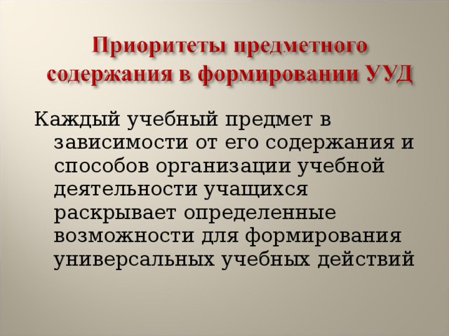 Каждый учебный предмет в зависимости от его содержания и способов организации учебной деятельности учащихся раскрывает определенные возможности для формирования универсальных учебных действий 