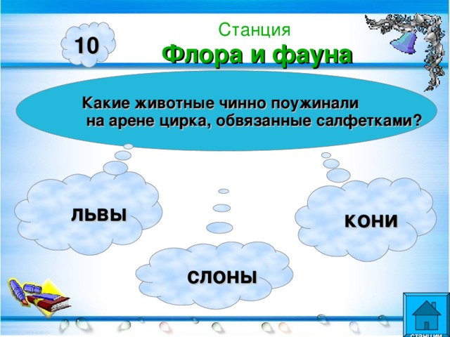 Станция  Флора и фауна 10 Какие животные чинно поужинали  на арене цирка, обвязанные салфетками?  львы  кони  слоны  станции  