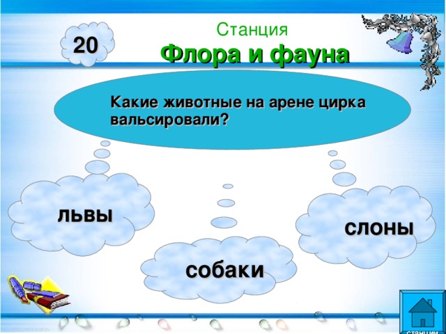 Станция  Флора и фауна 20 Какие животные на арене цирка вальсировали?  львы  слоны  собаки  станции  