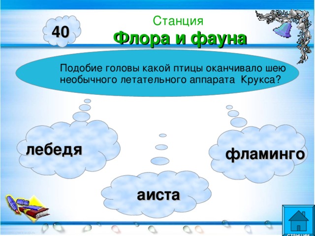 Станция  Флора и фауна 40 Подобие головы какой птицы оканчивало шею необычного летательного аппарата Крукса? лебедя фламинго  аиста  станции  