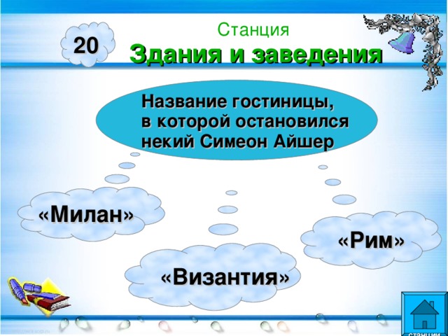 Станция  Здания и заведения 20 Название гостиницы, в которой остановился некий Симеон Айшер «Милан»  «Рим»  «Византия»  станции  