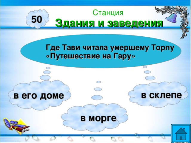 Станция  Здания и заведения 50 Где Тави читала умершему Торпу «Путешествие на Гару»  в его доме  в склепе  в морге  станции  