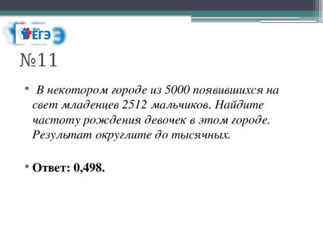 № 11   В некотором городе из 5000 появившихся на свет младенцев 2512 мальчиков. Найдите частоту рождения девочек в этом городе. Результат округлите до тысячных. Ответ: 0,498. 