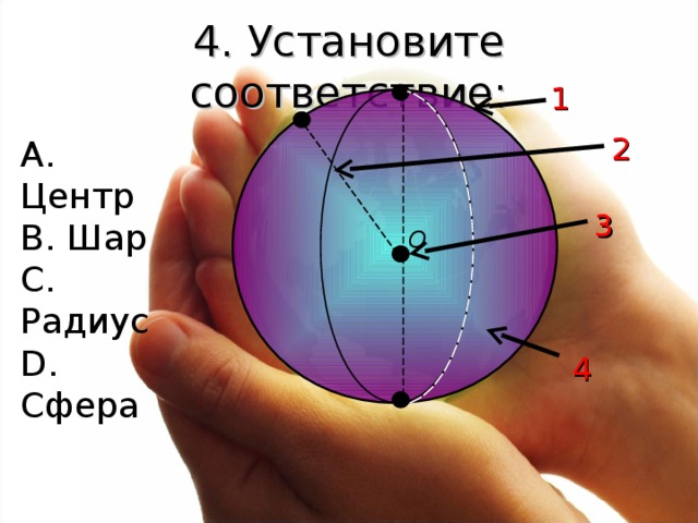 4. Установите соответствие: 1 2 А. Центр В. Шар С. Радиус D . Сфера 3 О 4 