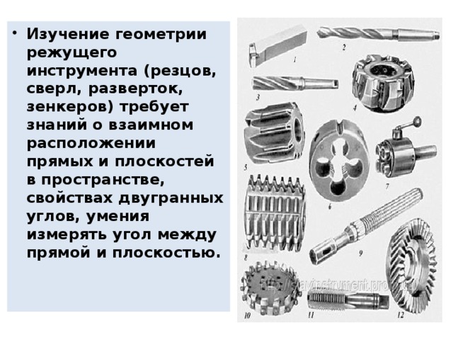 Изучение геометрии режущего инструмента (резцов, сверл, разверток, зенкеров) требует знаний о взаимном расположении прямых и плоскостей в пространстве, свойствах двугранных углов, умения измерять угол между прямой и плоскостью. 