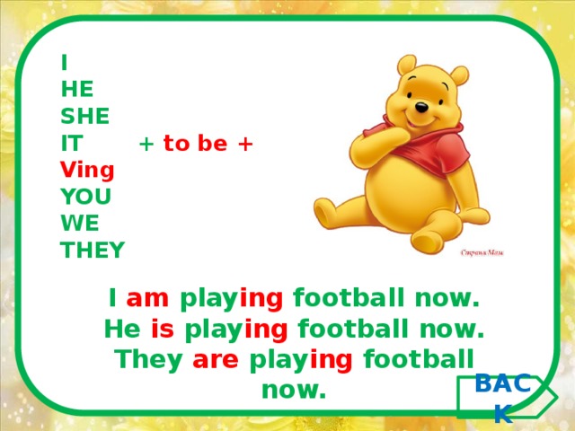 I HE SHE IT + to be + Ving YOU WE THEY I am play ing football now. He is play ing football now. They are play ing football now.      BACK 