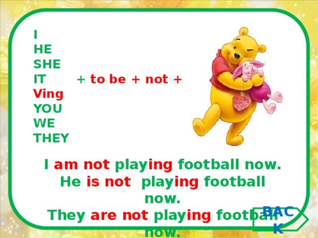 I HE SHE IT + to be + not + Ving YOU WE THEY I am not play ing football now. He is not play ing football now. They are  not play ing football now.      BACK 