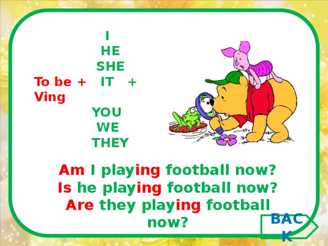  I  HE  SHE To be + IT + Ving  YOU  WE  THEY Am I play ing football now? Is he play ing football now? Are they play ing football now?      BACK 