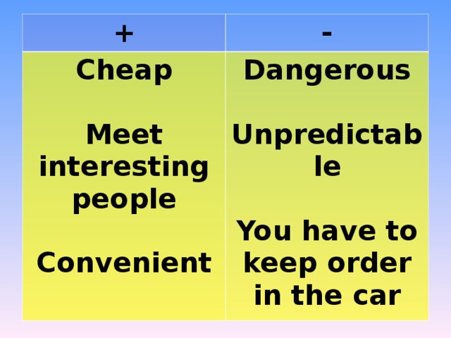 + - Cheap  Meet interesting people  Convenient  Dangerous  Unpredictable  You have to keep order in the car 