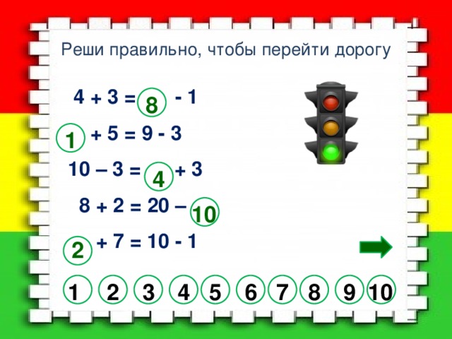 Реши правильно, чтобы перейти дорогу  4 + 3 = - 1  + 5 = 9 - 3 10 – 3 = + 3  8 + 2 = 20 –  + 7 = 10 - 1 8 1 4 10 2 7 10 1 8 2 6 5 4 3 9 