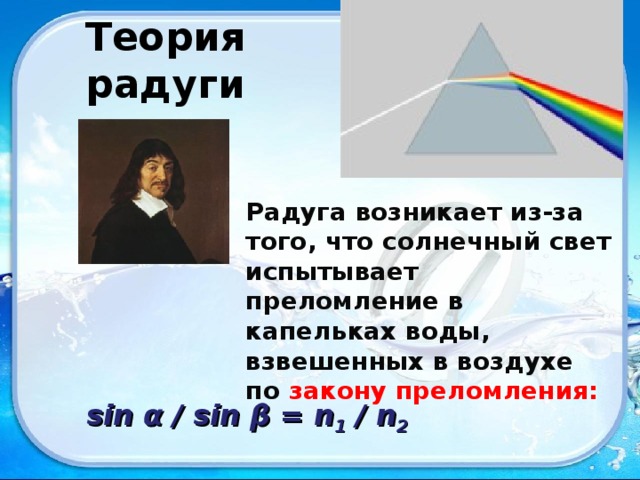 Теория радуги Радуга возникает из-за того, что солнечный свет испытывает преломление в капельках воды, взвешенных в воздухе по закону преломления:   sin α / sin β = n 1 / n 2 