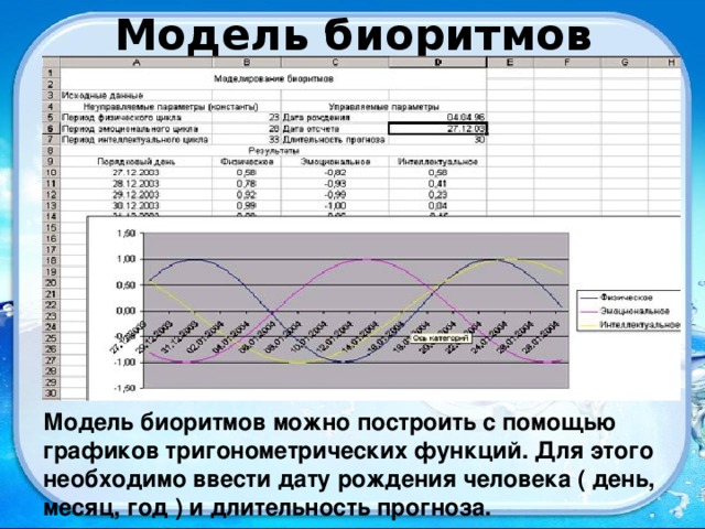 Модель биоритмов Модель биоритмов можно построить с помощью графиков тригонометрических функций. Для этого необходимо ввести дату рождения человека ( день, месяц, год ) и длительность прогноза. 