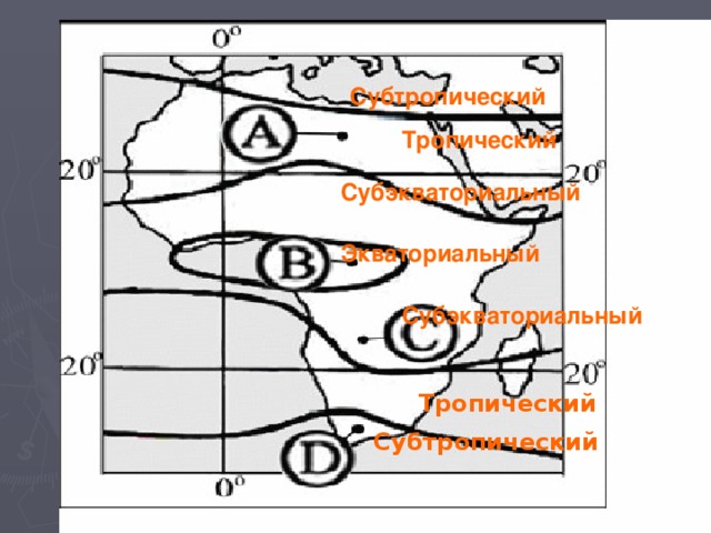 Субтропический Тропический Субэкваториальный Экваториальный Субэкваториальный Тропический  Субтропический 