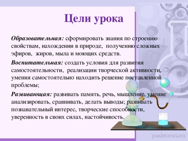 Цели урока Образовательная: сформировать знания по строению свойствам, нахождении в природе, получению сложных эфиров, жиров, мыла и моющих средств. Воспитательная: создать условия для развития самостоятельности, реализации творческой активности, умения самостоятельно находить решение поставленной проблемы; Развивающая: развивать память, речь, мышление, умение анализировать, сравнивать, делать выводы; развивать познавательный интерес, творческие способности, уверенность в своих силах, настойчивость. 