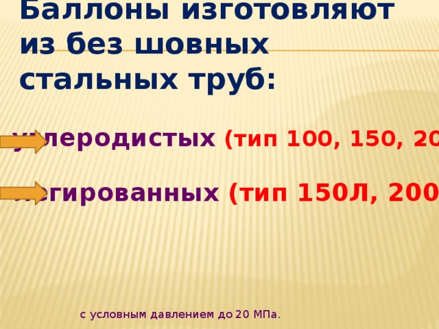 Баллоны изготовляют из без шовных стальных труб: углеродистых  (тип 100, 150, 200) легированных (тип 150Л, 200Л) с условным давлением до 20 МПа. 