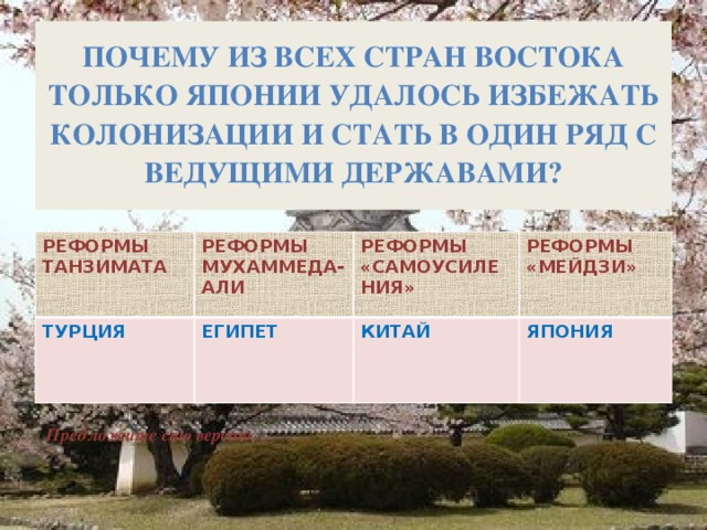 Почему из всех стран Востока только Японии удалось избежать колонизации и стать в один ряд с ведущими державами? РЕФОРМЫ ТАНЗИМАТА РЕФОРМЫ МУХАММЕДА-АЛИ ТУРЦИЯ РЕФОРМЫ «САМОУСИЛЕНИЯ» ЕГИПЕТ РЕФОРМЫ «МЕЙДЗИ» КИТАЙ ЯПОНИЯ Предложите сою версию… 