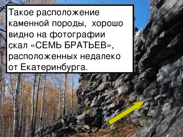 Такое расположение каменной породы, хорошо видно на фотографии скал «СЕМЬ БРАТЬЕВ», расположенных недалеко от Екатеринбурга. 