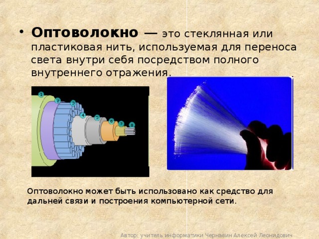 Оптоволокно — это стеклянная или пластиковая нить, используемая для переноса света внутри себя посредством полного внутреннего отражения. Оптоволокно может быть использовано как средство для дальней связи и построения компьютерной сети. Автор: учитель информатики Чернавин Алексей Леонидович 