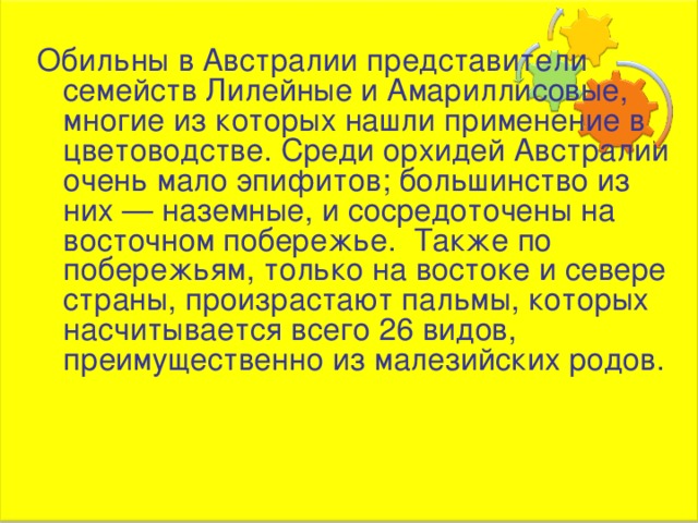 Обильны в Австралии представители семейств Лилейные и Амариллисовые, многие из которых нашли применение в цветоводстве. Среди орхидей Австралии очень мало эпифитов; большинство из них — наземные, и сосредоточены на восточном побережье. Также по побережьям, только на востоке и севере страны, произрастают пальмы, которых насчитывается всего 26 видов, преимущественно из малезийских родов. 