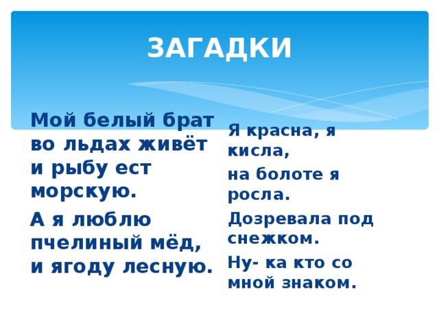 ЗАГАДКИ  Мой белый брат во льдах живёт и рыбу ест морскую. А я люблю пчелиный мёд, и ягоду лесную.  Я красна, я кисла, на болоте я росла. Дозревала под снежком. Ну- ка кто со мной знаком. 