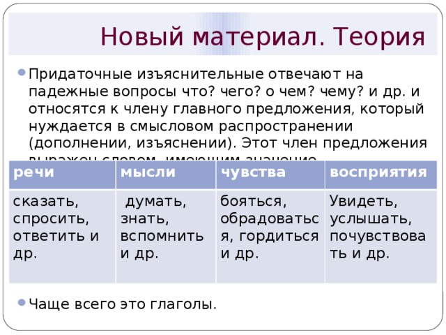  Новый материал. Теория Придаточные изъяснительные отвечают на падежные вопросы что? чего? о чем? чему? и др. и относятся к члену главного предложения, который нуждается в смысловом распространении (дополнении, изъяснении). Этот член предложения выражен словом, имеющим значение Чаще всего это глаголы. речи мысли сказать, спросить, ответить и др. чувства  думать, знать, вспомнить и др. восприятия бояться, обрадоваться, гордиться и др. Увидеть, услышать, почувствовать и др. 
