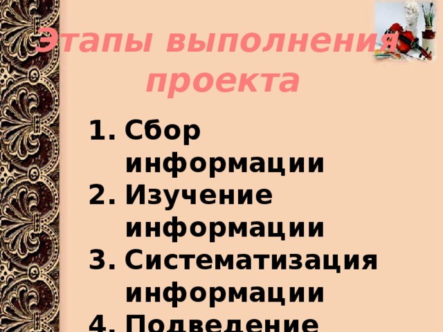 Этапы выполнения проекта Сбор информации Изучение информации Систематизация информации Подведение итогов работы 