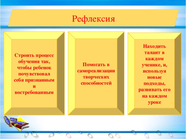 Рефлексия Строить процесс обучения так, чтобы ребенок почувствовал себя признанным и востребованным Помогать в самореализации творческих способностей Находить талант в каждом ученике, и, используя новые подходы, развивать его на каждом уроке 