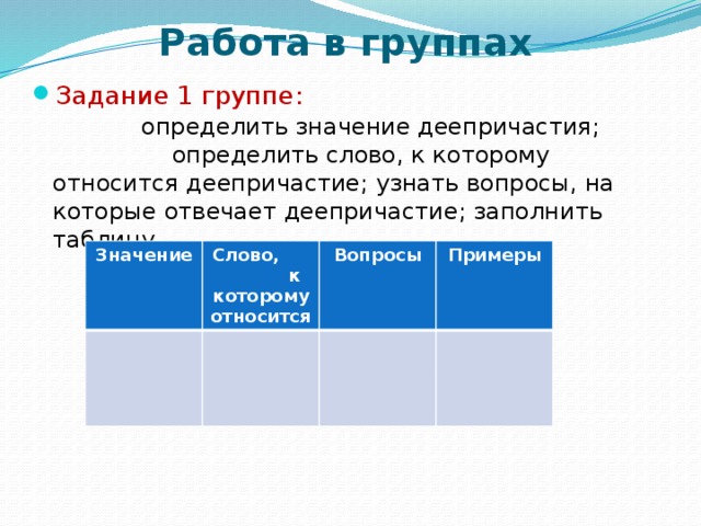 Работа в группах Задание 1 группе: определить значение деепричастия; определить слово, к которому относится деепричастие; узнать вопросы, на которые отвечает деепричастие; заполнить таблицу. Значение Слово, к которому относится Вопросы Примеры 