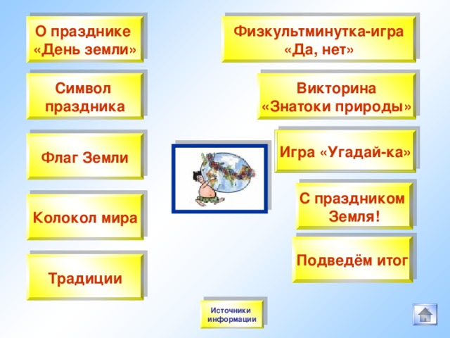 О празднике «День земли» Физкультминутка-игра «Да, нет» Символ праздника Викторина «Знатоки природы» Игра «Угадай-ка» Флаг Земли С праздником Земля! Колокол мира Подведём итог Традиции Источники информации 